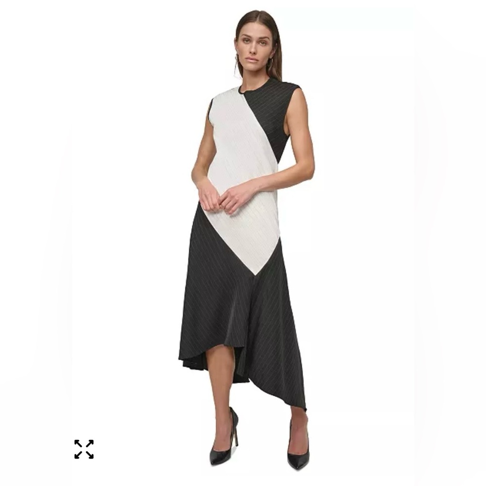 DKNY( Donna Karan New York)  Black and White Asymmetrical Colorblock Midi Dress